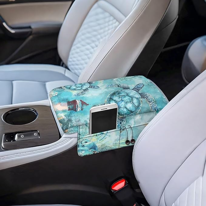 Dreaweet Vintage Sea Turtle Arm Rest Cover for Car Thick Center Console Cover Pad with Pockets Anti-Scratch Car Armrest Cover Cushion Center Console Armrest Replacement