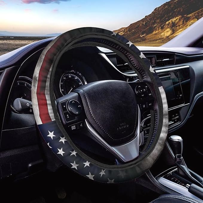 SEANATIVE Vintage American Flag Car Steering Wheel Cover, Anti-Slip, Safety, Soft, Breathable, Universal Car Steering Wheel Dust Cover, Easy to Disassemble