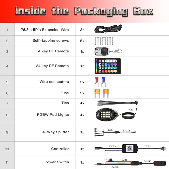 4 Pods Alloy RGBW Rock Lights，LED Upgraded RGB Underglow Lights for ATV UTV Golf Cart Truck RZR SXS Offroad Jeeps, IP68 Waterproof Metal Multicolor Underglow Kit with APP/RF Remote Music Mode,12V