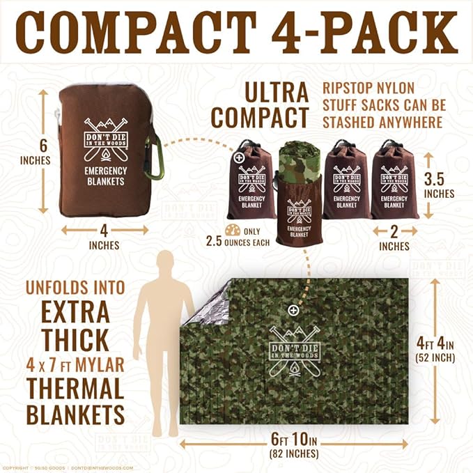 Don't Die In The Woods - World’s Toughest Emergency Blankets [4-Pack] Extra Thick Thermal Mylar Space Blanket - One of The Ten Essentials Outdoor Survival Gear for Hiking Camping First Aid Kit (Camo)