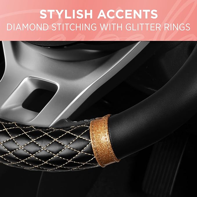 Carbella Rose Gold Quilted Steering Wheel Cover - Elegant Craft 15" Steering Cover for Cars, Trucks, SUV Accessories Accent