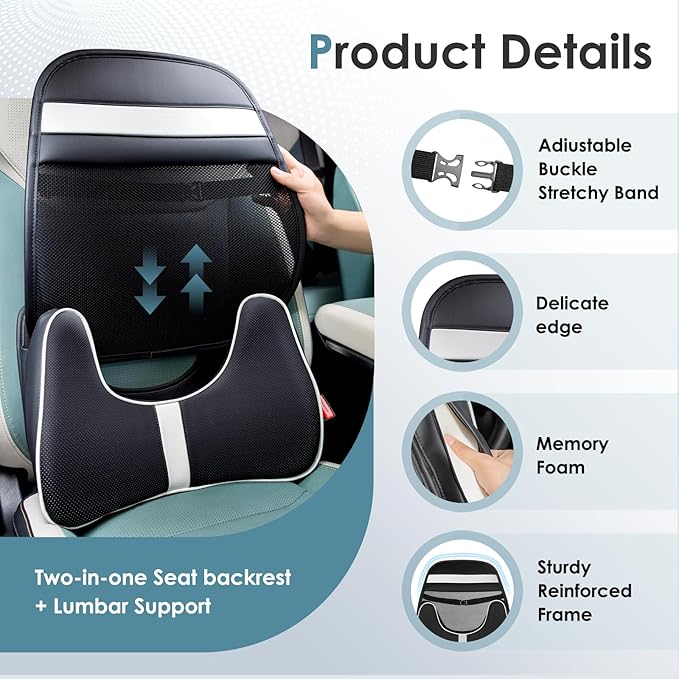 FLORICH Memory Foam Double Layer Breathable Mesh Lumbar Support Ergonomic Leather Lumbar Support Pillow with 3D Mesh Back Support and Adjustable Strap for CarSeat & Office Chair(Black)