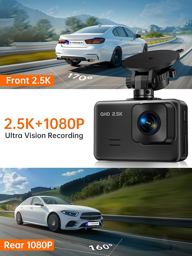 Dash Cam Front and Rear, 2.5K+1080P Dual Dash Camera for Cars, 2’’ Display Mini Car Camera, G-Sensor Dashcam, Night Vision, 24H Parking Mode, Loop Recording, 170°Wide Angle
