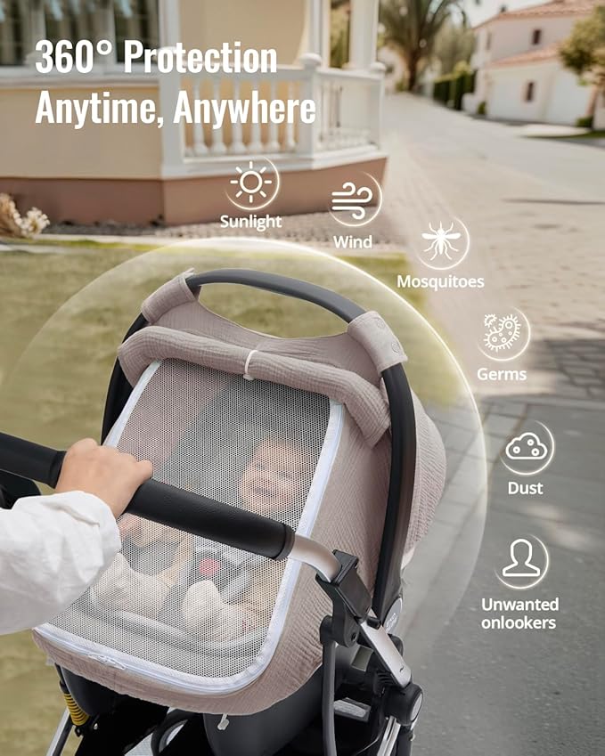Blissful Diary Baby Car Seat Cover, Extra Large Mesh Window, Breathable Muslin Cotton, Infant Windproof Canopy, Agreeable Gray