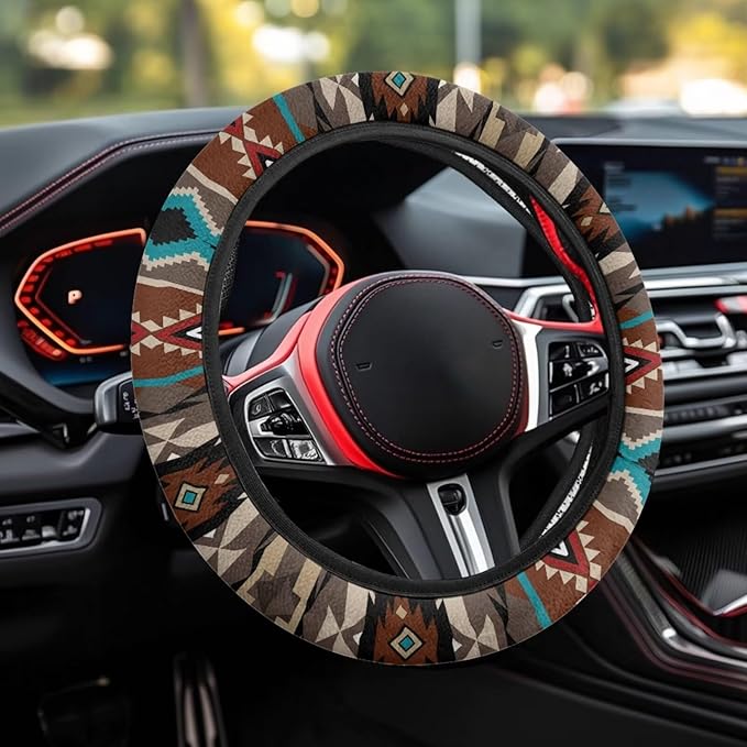 SEANATIVE Brown Aztec Car Steering Wheel Cover, Anti-Slip, Safety, Soft, Breathable, Universal Car Steering Wheel Dust Cover, Easy to Disassemble