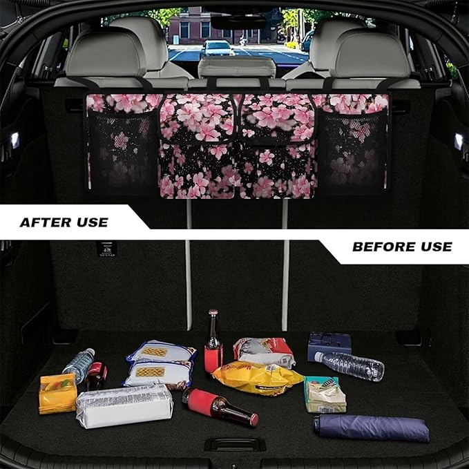 Pink Cherry Blossom Trunk Organizer Car Women Car Back Seat Organizer Multipurpose Cargo Accessory with Adjustable Straps