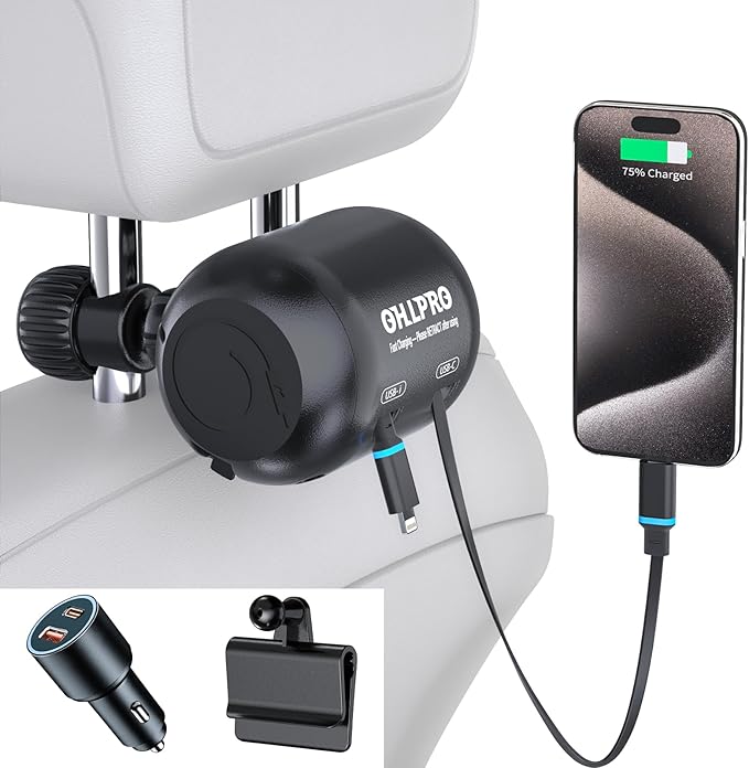 OHLPRO 2 in 1 Backseat Car Charging Station Box, 45W Fast Charge Multi Retractable Car Charger for Uber Chargers for Passengers, for iPhone/Samsung and Tablets - All Cars