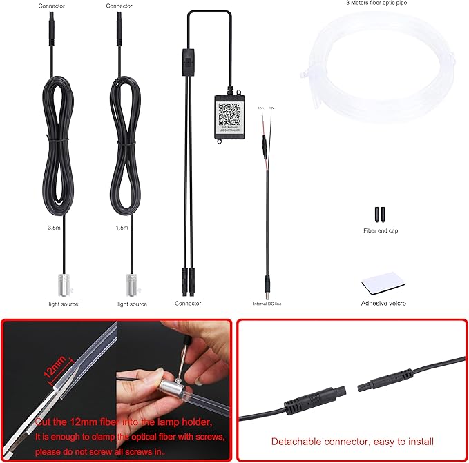 Car Ambient Lighting Optic Fiber 64 Colors Music Sound Active with APP Control Car Decorative Atmosphere Lighting Kit DC 12V 1W 3m