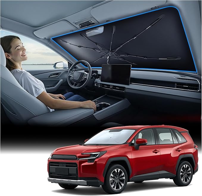 Windshield Sun Shade Umbrella for for Toyota 4runner Highlander RAV4 - [Vinyl Coating Heat Shield] Protect Car from Sun Rays & Heat Damage Keep Cool and Protect Interior, Spring Structure Edge