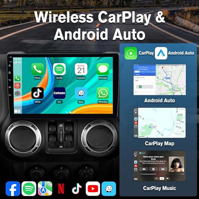 Doreon (2GB+64GB ROM) Car Stereo for Jeep Wrangler JK 2007-2018 Compass Grand Cherokee Dodge Ram 1500, 10.1" Android 15 Radio with Wireless CarPlay Android Auto WiFi GPS BT FM AM SWC Backup Camera