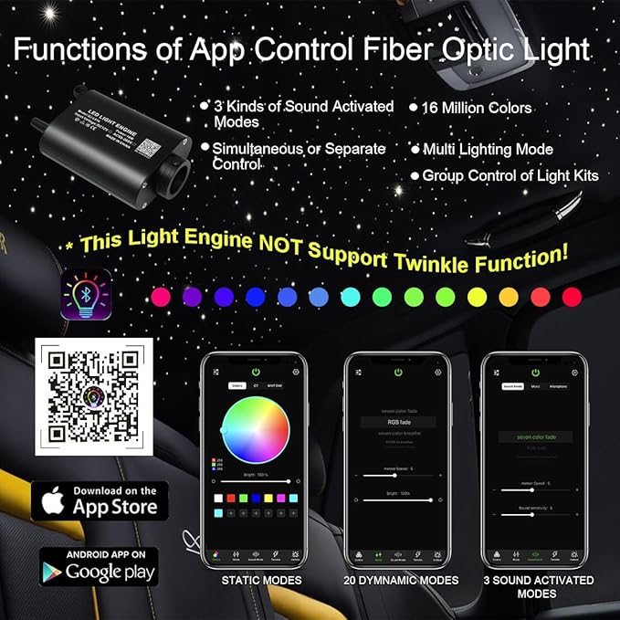 AKEPO 16W Bluetooth APP Control Fiber Optic Light Source, RGBW lamp Beads + Music Activated + 28-Key Remote Control for Car Headliner Stars Home