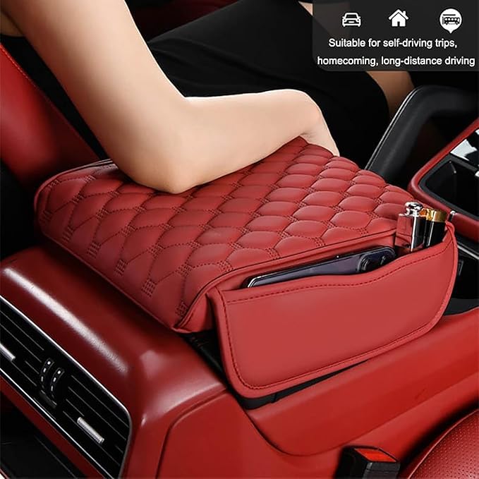 Car Center Console Cushion Pad for Hyundai Elantra 2017-2020, Leather Armrest Box Pad Armrest Cover Arm Rest Cover Pad with 2 Storage Bags Waterproof for Most Vehicles Vehicles SUVs,A/Black