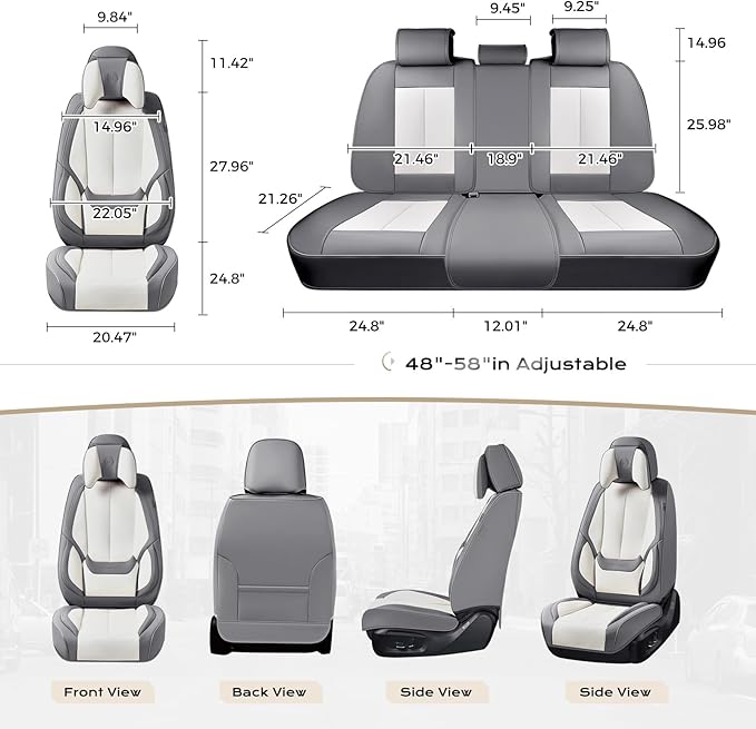 Coverado Seat Covers Full Set, 5 Seats Seat Covers for Cars, Waterproof Nappa Leather Car Seat Covers with Head Pillow, Seat Protectors Car Seat Cushion Universal Fit for Most Cars (Gray&White)