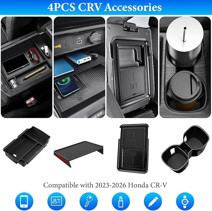 YPHUIKI 4PCS Center Console Organizer Compatible with Honda CRV 2023 2024 2025 2026 Accessories CR-V Hybrid Armrest Organizer Tray Hidden Storage Box Cup Holder