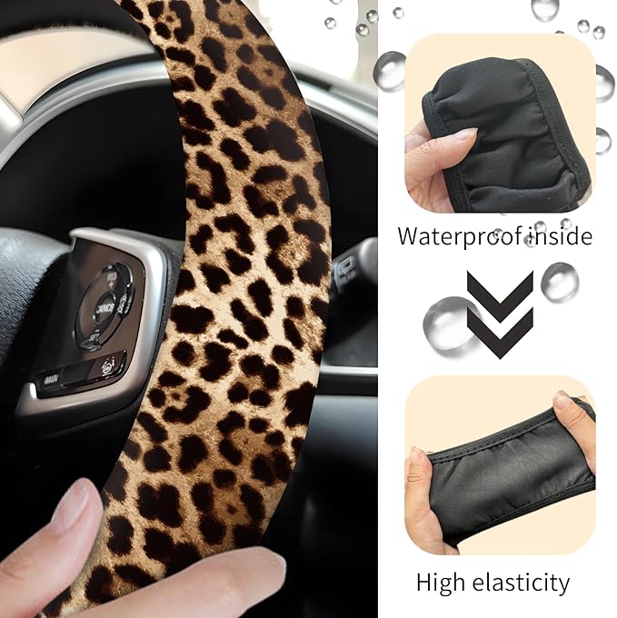 Car Steering Wheel Cover, Universal 15 Inch Neoprene Non-Slip Steering Wheel Covers, Funny Car Accessories for Women Men Fit Auto, Suvs, Truck Cute Brown Leopard