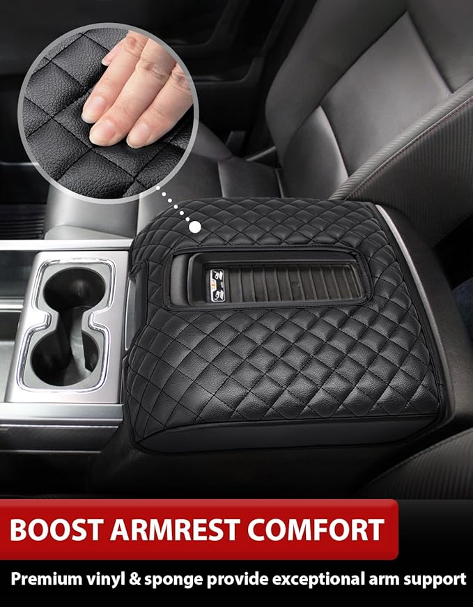 KBH Center Console Armrest Cover for Chevy Silverado & GMC Sierra 1500 2500 3500 2014-2018, Yukon & Tahoe & Suburban 2015-2020, Arm Rest Cushion, Vinyl Leather, Black (Fits Bucket Seat Console Only)