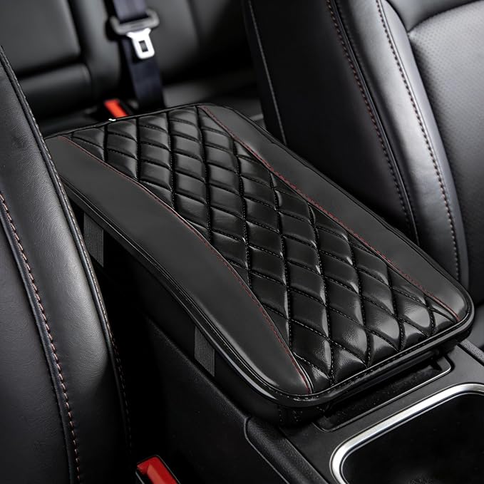 Car Center Console Cushion Pad, Arm Rest Covers, 12.6"×7.5" Leather Waterproof Auto Armrest Seat Box Protector, Auto Comfortable Center Console Cover Universal for Most Vehicles (Black Red)