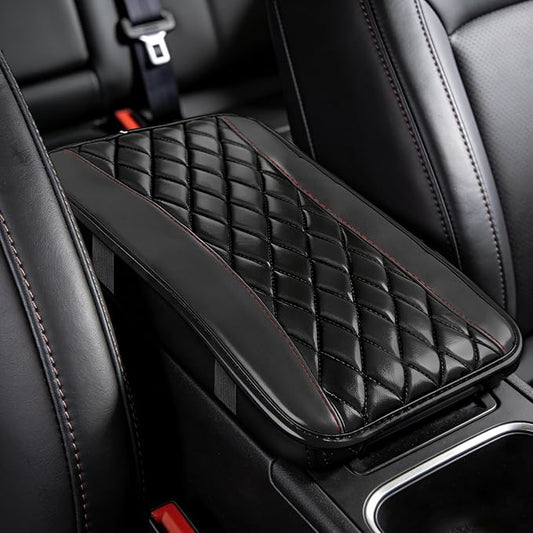 Car Center Console Cushion Pad, Arm Rest Covers, 12.6"×7.5" Leather Waterproof Auto Armrest Seat Box Protector, Auto Comfortable Center Console Cover Universal for Most Vehicles (Black Red)
