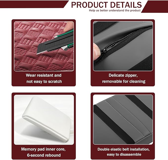 Car Armrest Cushion, 12.2"×8.3" Leather Auto Memory Foam Center Console Pad with Storage Pocket, Waterproof & Anti-Scratch Elbow Pillow Armrest Seat Box Protector, Universal Fit (Red)