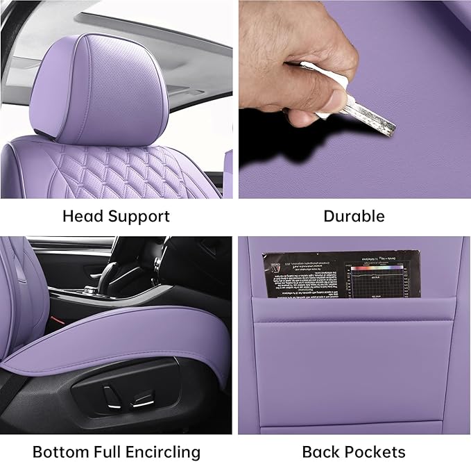 Car Seat Covers Full Set Purple, Luxury Faux Leather Waterproof Non-Slip Women Seat Protector Universal Fit for Most Cars SUVs Trucks Pick-ups,Car Interior Accessories(Purple-Full Set)