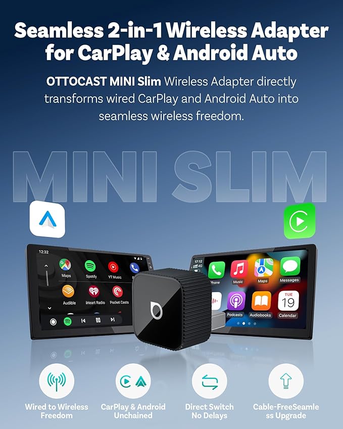 OTTOCAST 2026 Upgrade Mini Cube 3.0, 2-in-1 Wireless CarPlay & Android Auto Adapter, Plug & Play Dongle, Fast Auto-Reconnect, Dual-Band 5Ghz, for Cars with Wired CarPlay & Android Auto (USB Type-A)