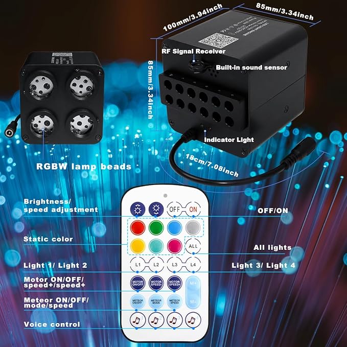 AMKI Updated 4Color Meteor Twinkle 36w Starlight Headliner Kits 2000pcs 0.03in 13.1ft, 240pcs RGB Meteor Shooting Star Cable, 2 in 1 Fiber Optic Light Box RGBW Sound Activated Mode for Car& Home Decor
