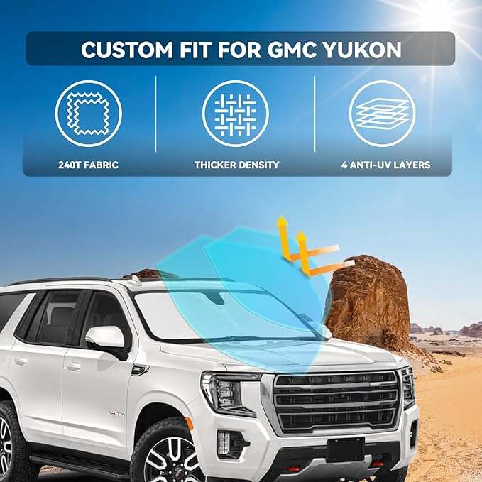 for GMC Yukon/Yukon XL 2021-2025 2026 Windshield Sun Shade - 4 Layers Car Sunshades for Front Windows Shade Cover Custom Fit Yukon Sun Visor 250T Retractable Shade Blocks UV Rays Car Accessories