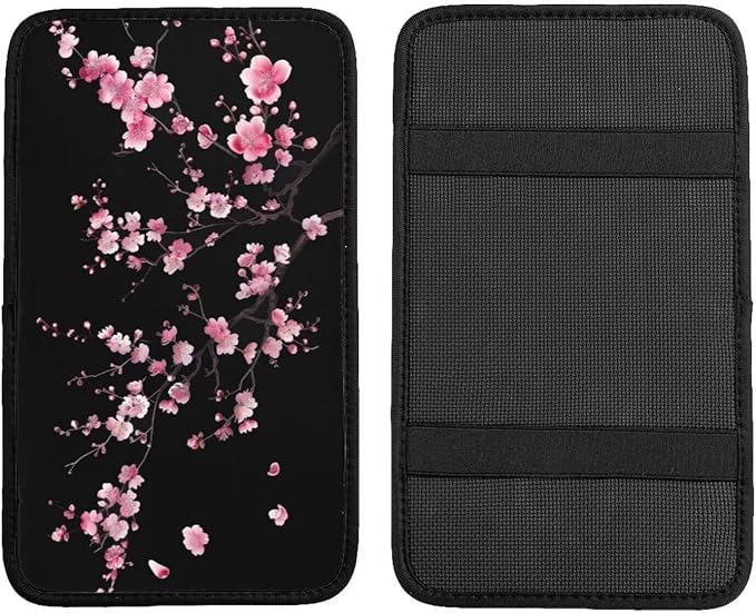 Center Console Cover Pink Floral Cherry Blossom Armrest Lid Cover Flower Arm Rest Cover Pad Middle Console Lid for Most Vehicle, SUV, Truck, Sedans, Black