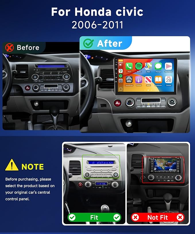 Qualcomm 8Core 4G 64G Radio for Honda Civic 2006-2011 Car Stereo with 10.1inch 1280x720P QLED Touch Screen 5.1Bluetooth 5G WiFi DSP FM Wireless CarPlay Android Auto GPS Backup Camera