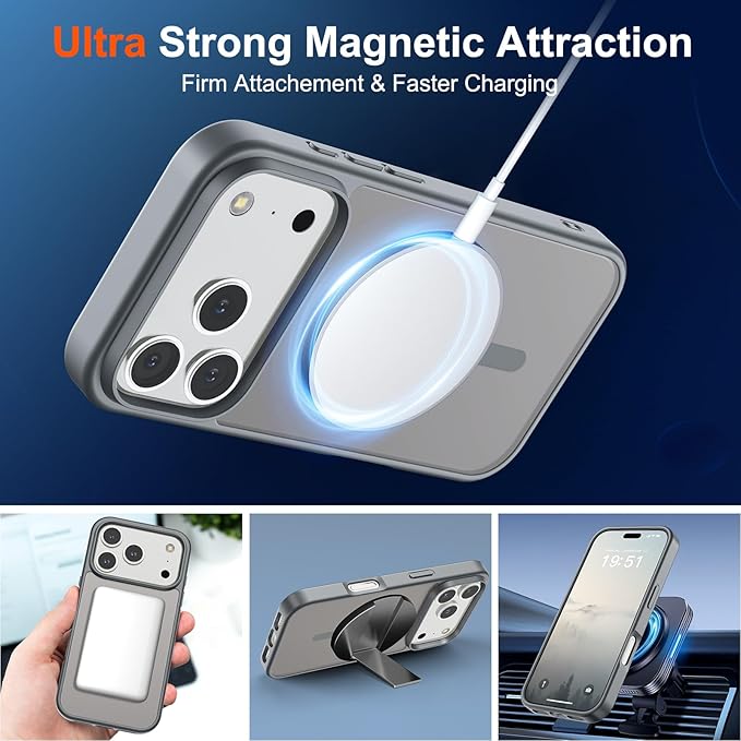 SUPFINE Magnetic for iPhone 17 Pro Case (Compatible with MagSafe)(Military Grade Drop Protection) Translucent Matte Shockproof with Anti-Fingerprint Phone Cover,Gray