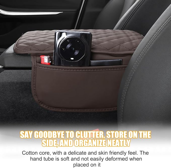 Mandark Car Center Console Cover, Microfiber Leather Vehicle Armrest Protector Cushion with 2 Storage Bags, Auto Interior Arm Rest Seat Box Pad Accessories, Universal for SUV, Sedan, Truck (Coffee)
