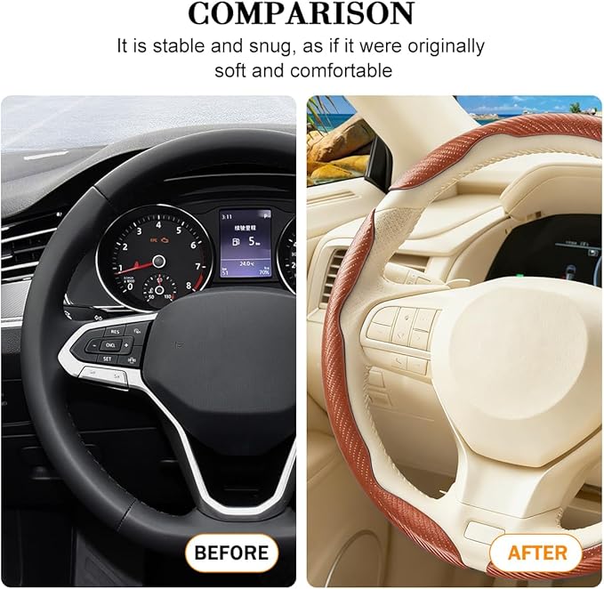 3PCS Carbon Fiber Car Steering Wheel Cover, Leather Segmented Anti-Skid Steering Wheel Protector, Snap on Automotive Interior Protection Accessories, Universal for Vehicles (Champagne)