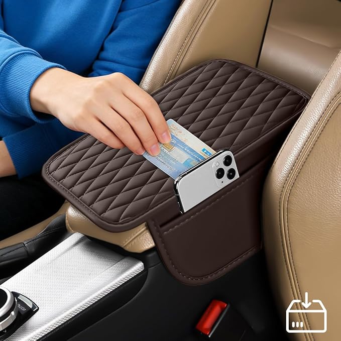 Car Armrest Cushion Pad, Leather Vehicle Center Console Cover with 2 Storage Bags, Non-Slip Automotive Interior Arm Rest Seat Box Cover Accessories, Universal for SUV RV Sedan (Coffee)