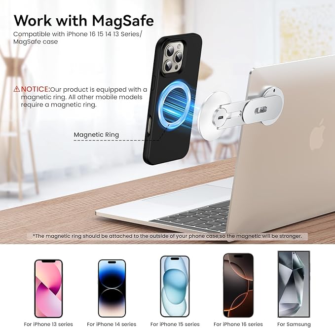 Laptop Phone Holder, Magnetic Phone Stand 15W Fast Wireless Charger for MagSafe for iPhone 17/16/15/14/13/12 & All Phones for Tesla (Silver)