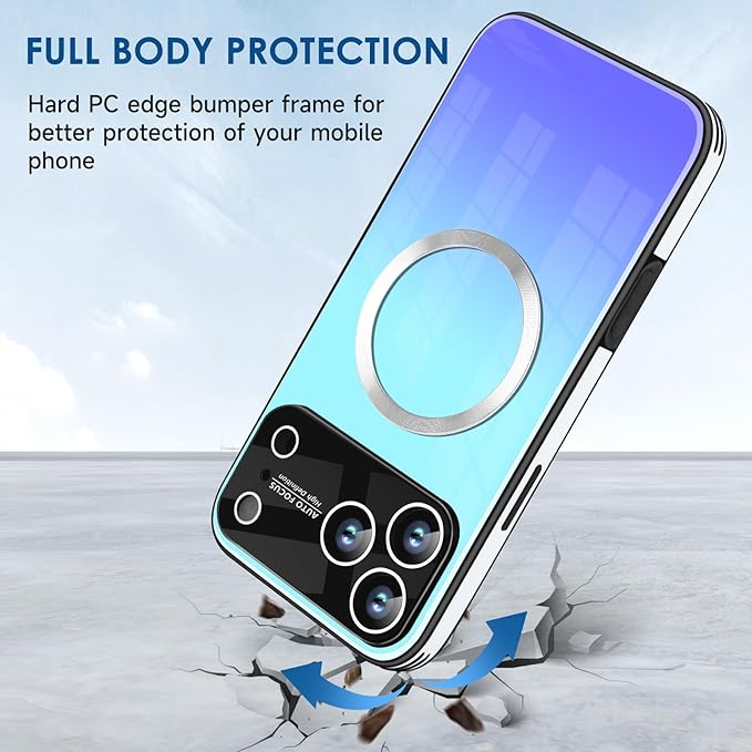 Guppy Compatible with iPhone 17 Pro Magnetic Case, with Full Camera Lens Protector [Compatible with MagSafe] Scratch Resistant Gradient Glass Back Cover Phone Case-Blue