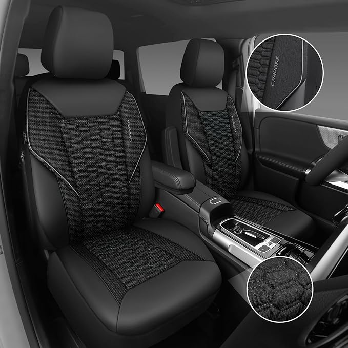 CAR PASS 3D Foam Linen Leather Car Seat Covers Front Seats,Piping Quilting Water Resistant Linen Front Seat Covers for Car,Universal Fit for SUV Truck Sedan Automotive,Armrest Airbag Compatible,Black