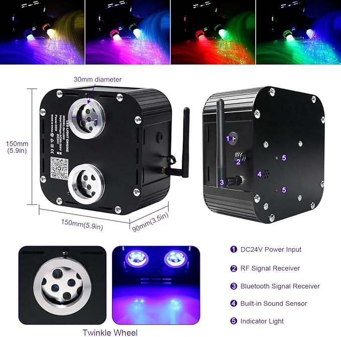 AZIMOM Updated Dual Color 50W Twinkle Fiber Optic Starlight Kits 2000pcs*0.03in*16.4ft, RGB Meteor Shooting Star, Sound Activated APP/Remote Control Theater Ceiling Home Shop Car Lobby Roof Decor