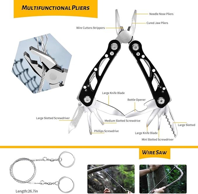ANTARCTICA Emergency Survival Gear Kits 60 in 1, Outdoor Survival Tool with Emergency Bracelet Whistle Flashlight Pliers Pen Wire Saw for Camping, Hiking, Climbing,Car