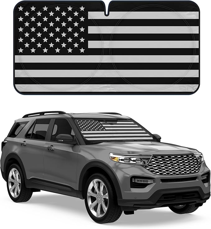 Motor Trend USA Black American Flag Car Windshield Sun Shade for Front Window, Foldable Car Sun Shade with Patriotic Graphic, Collapsible Sun Visor Sunshade for Cars Windshield (Large 69" x 35")
