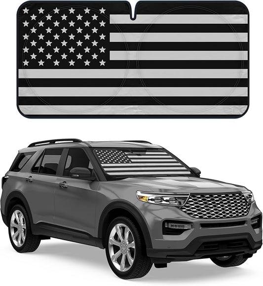 Motor Trend USA Black American Flag Car Windshield Sun Shade for Front Window, Foldable Car Sun Shade with Patriotic Graphic, Collapsible Sun Visor Sunshade for Cars Windshield (Large 69" x 35")