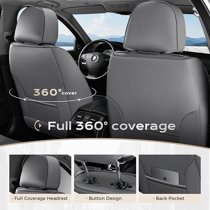 Coverado Car Seat Covers Full Set, Nappa Leather Seat Covers for Cars, Car Seat Protector Car Seat Cushion, Front and Back Seat Protectors Cushions Universal Fit for Most Cars Vehicles(Gray&Black)