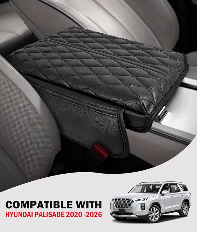 Center Console Cover for Hyundai Palisade 2020 2021 2022 2023 2024 2025 2026 Accessories, Anti-Scratch Leather Middle Armrest Console Pad Elbow Arm Rest Cushion Protector with Pockets Storage Bag