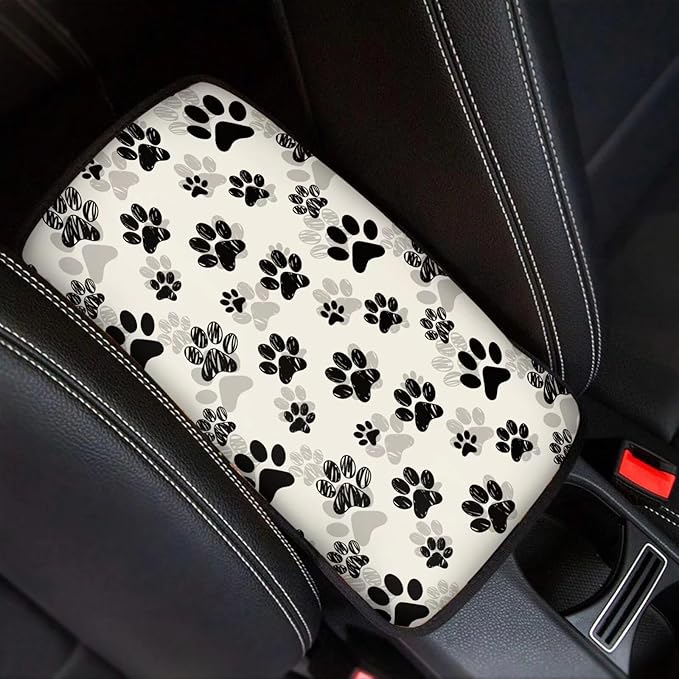 Dreaweet Black Dog Paw Print Car Center Console Cover for Women Cute Car Armrest Cover Center Console Cushion Pad Soft Comfy Arm Rest Cover for Car Truck SUV Van