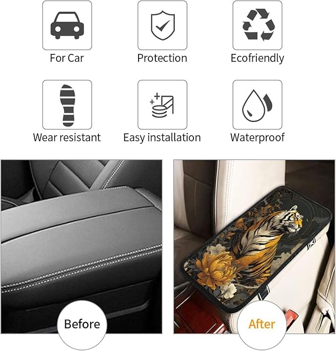 Universal Car Center Console Cushion Pad, Golden Flower Tiger Soft Waterproof Car Center Console Cover Auto Armrest Seat Box Cover Protector for Most Vehicle SUV Truck Car