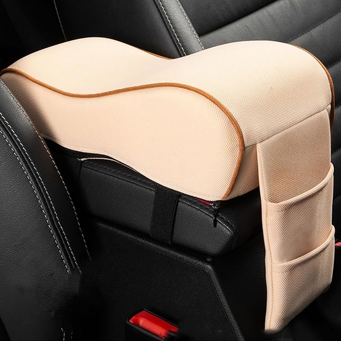 Auto Center Console Armrest Pillow, Memory Foam Car Armrest Cushion with Phone Holder Storage Bag Universal Fit for Most Car (Beige)