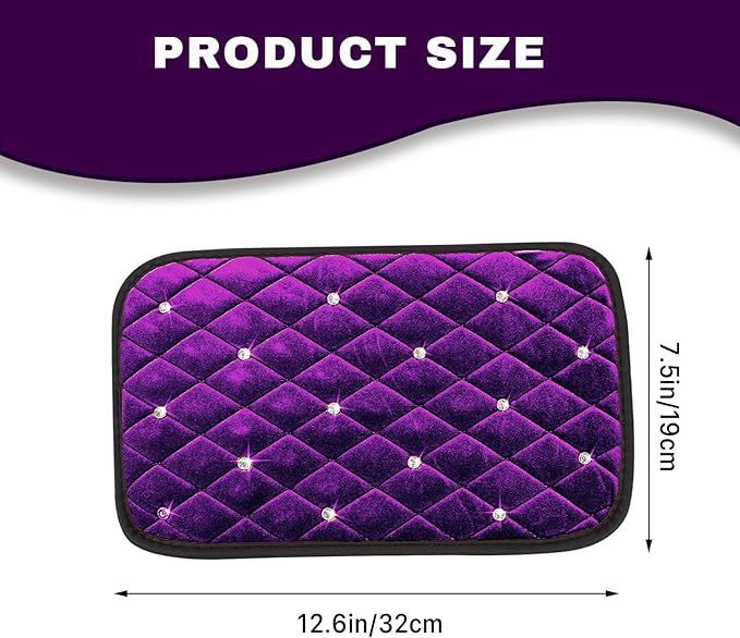 Bling Car Center Console Cover, Soft Fluffy Armrest Seat Box Cushion Pad, Crystal Diamond Arm Rest Protection Mat, Automotive Interior Decoration Accessories for Most Vehicles (Purple)
