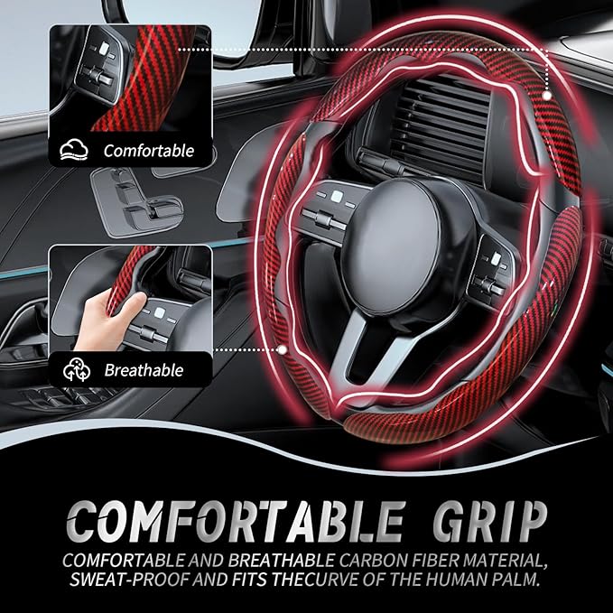 WOCOCN 3pcs Car Steering Wheel Cover,Anti-Skid Carbon Fiber Steering Wheel Protector for Men Women,Multiple Color Options,Universal for Most Car Interiors Accessories (Bright Red 3PCS)