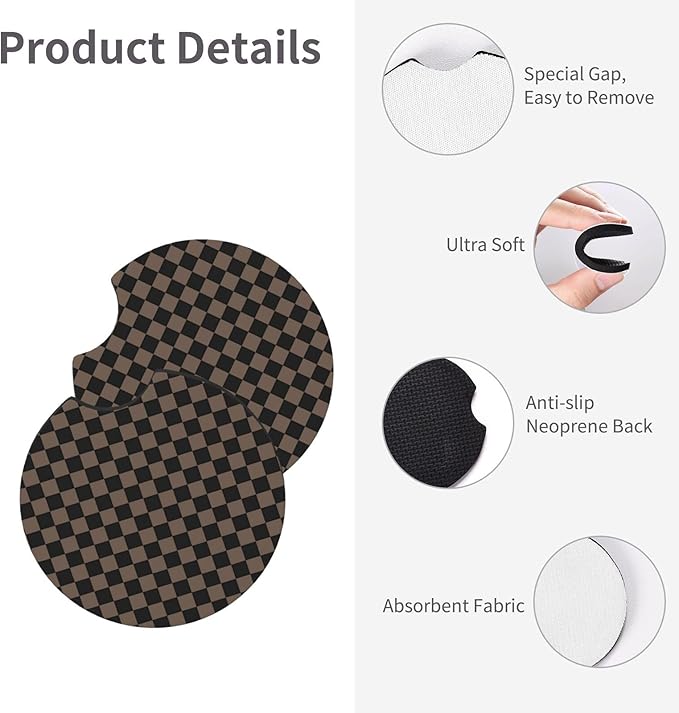 Checkered Black Brown Steering Wheel Cover Black Brown Checkered Steering Wheel Cover Anti-Slip Breathable Universal for 15 Inch Car with 2 Pieces Car Coasters Suitable