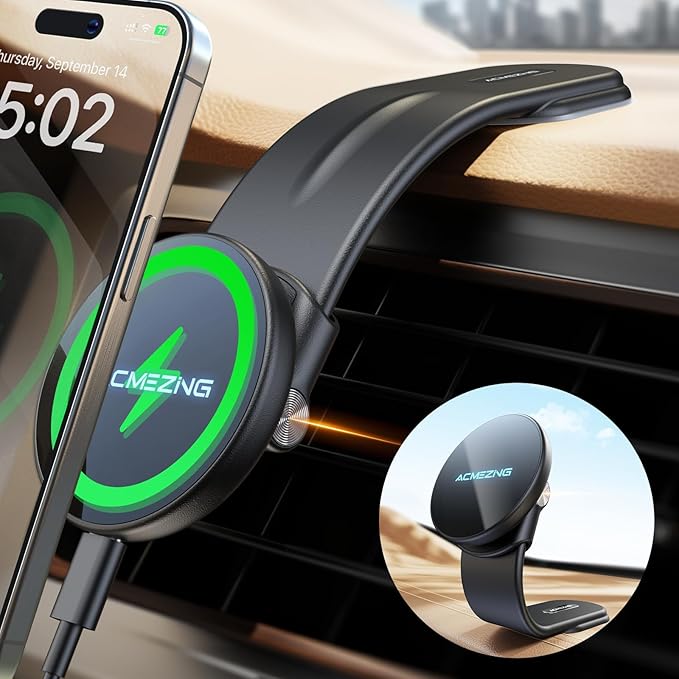 ACMEZING 15W Only for iPhone MagSafe Car Mount Charger, 360% Adjustable Aluminum Alloy Arm, Relocatable Car Phone Holder, Magnetic Wireless Fast Charging, Cell Phone Holder for All Car Models, Black