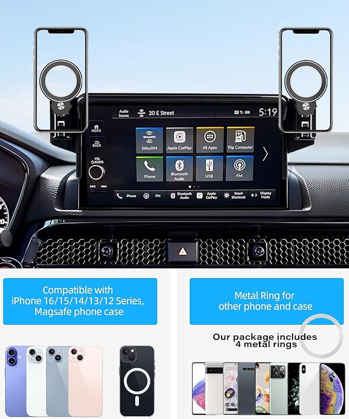 Car Phone Holder for Honda CRV/CR-V Hybrid 2023 2024 2025 2026/HR-V 2023-2026 Accessories Apply to 7/9 Inch Touch Screen Fixed Clip Magnetic Cell Phone Mount Handsfree 360 Degree Rotation